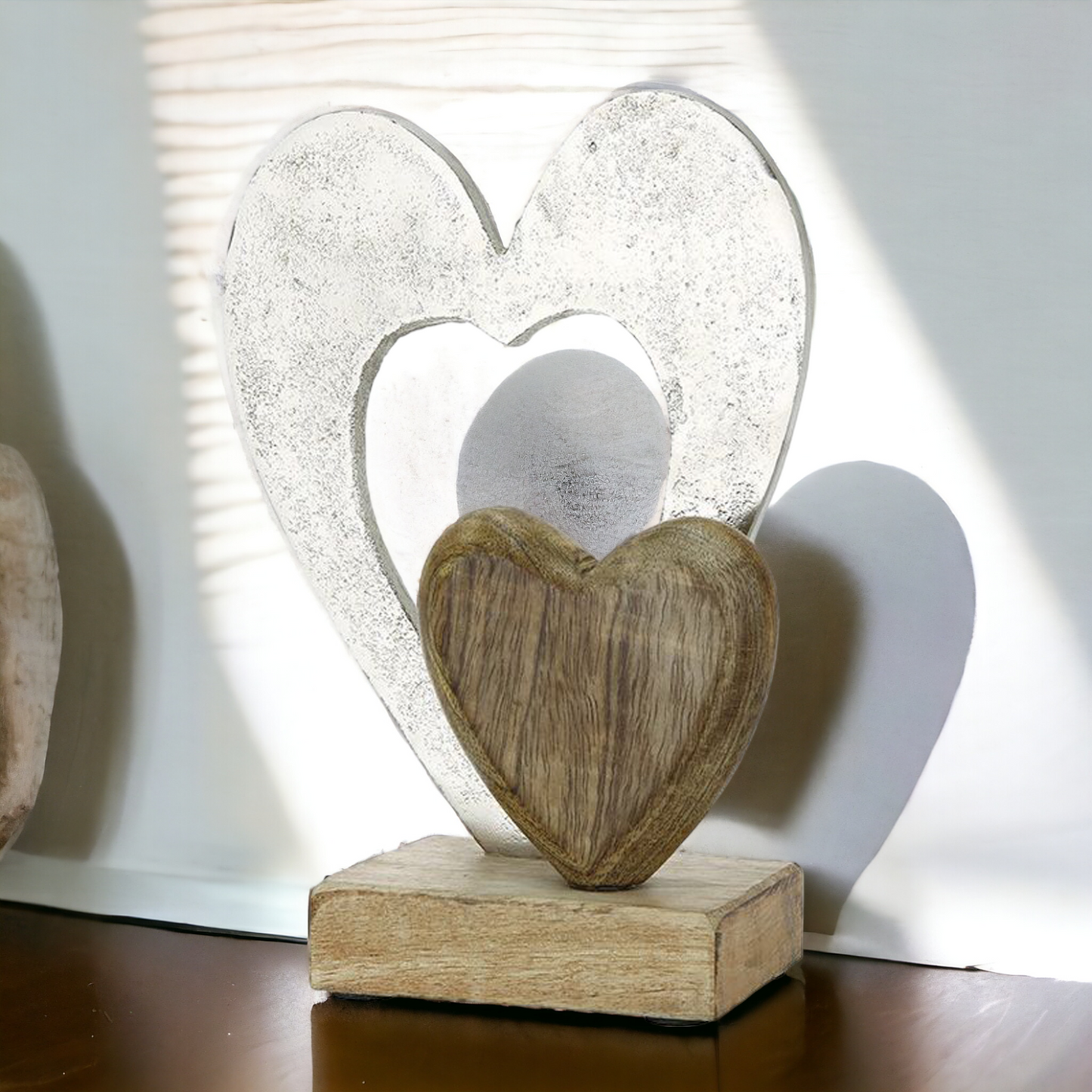 Holz "Doppelherz" aus gebürstetem Alu und Mangoholz, 23 cm