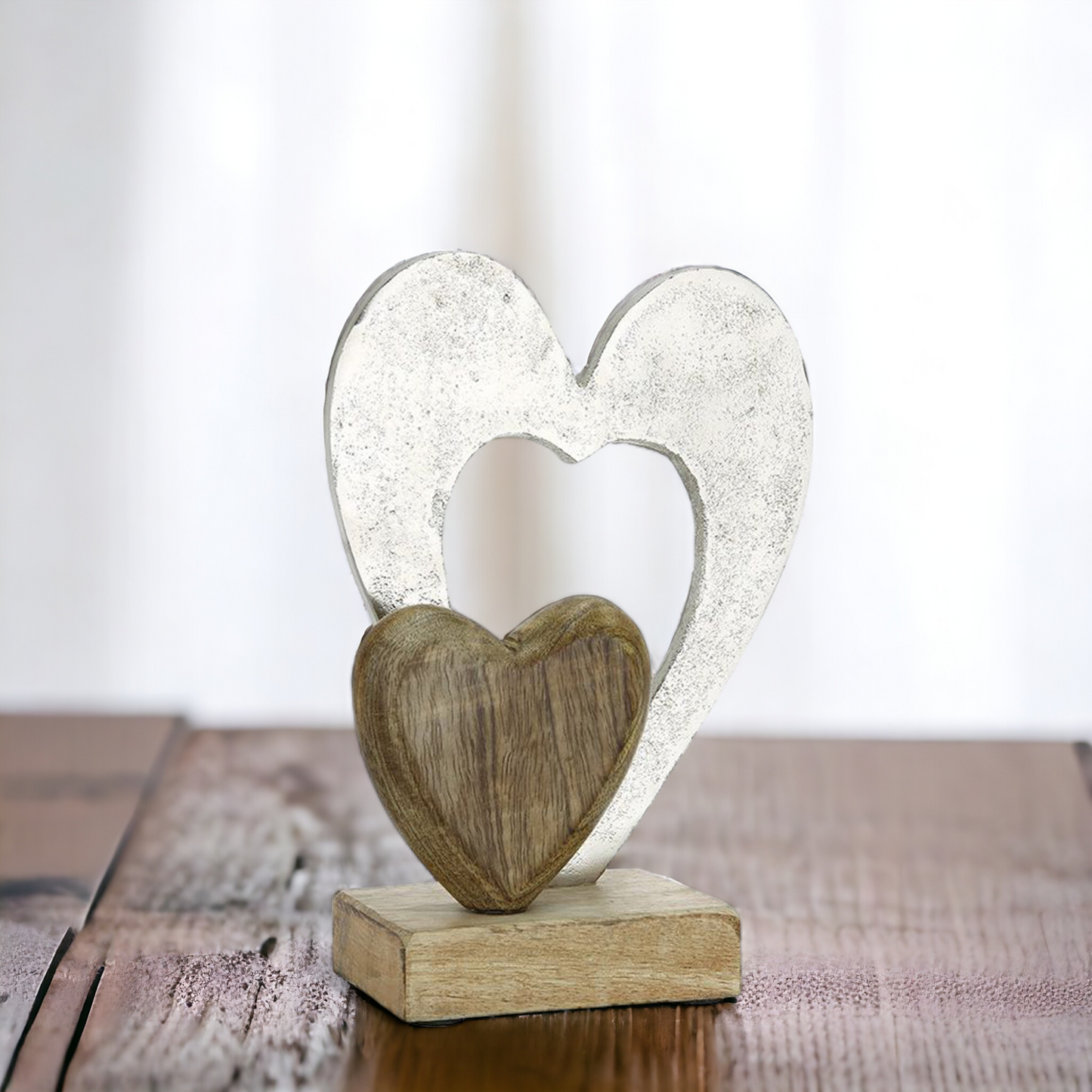 Holz "Doppelherz" aus gebürstetem Alu und Mangoholz, 23 cm