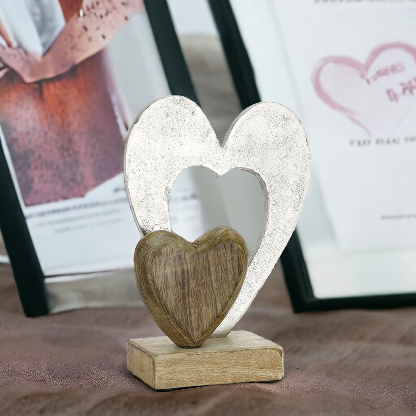 Holz "Doppelherz" aus gebürstetem Alu und Mangoholz, 23 cm
