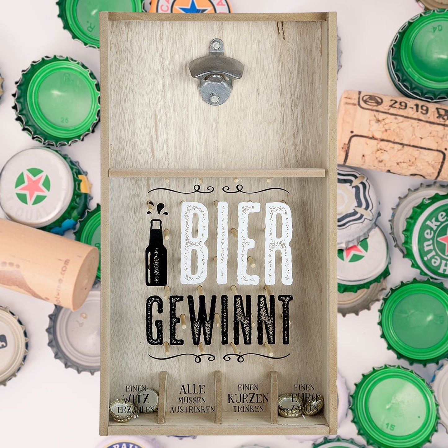 Kronkorken-Spiel | Partyspaß "BIER GEWINNT" aus MDF - 48 x 26 x 7 cm