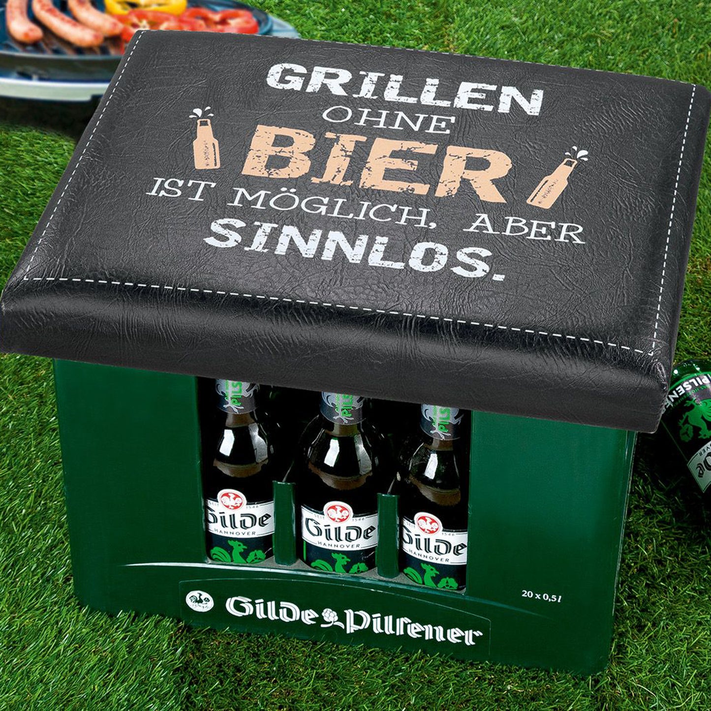 Bierkastensitz | Sitzauflage | Sitzpolster mir lustigem Spruch "Grillen ohne Bier ist sinnlos" 44 cm