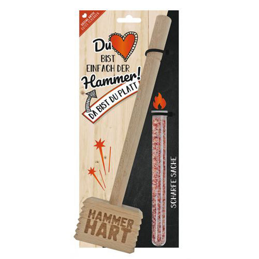 Fleischhammer aus Holz mit Schrift "Du bist einfach der Hammer" 50 cm, mit Gewürzmischung