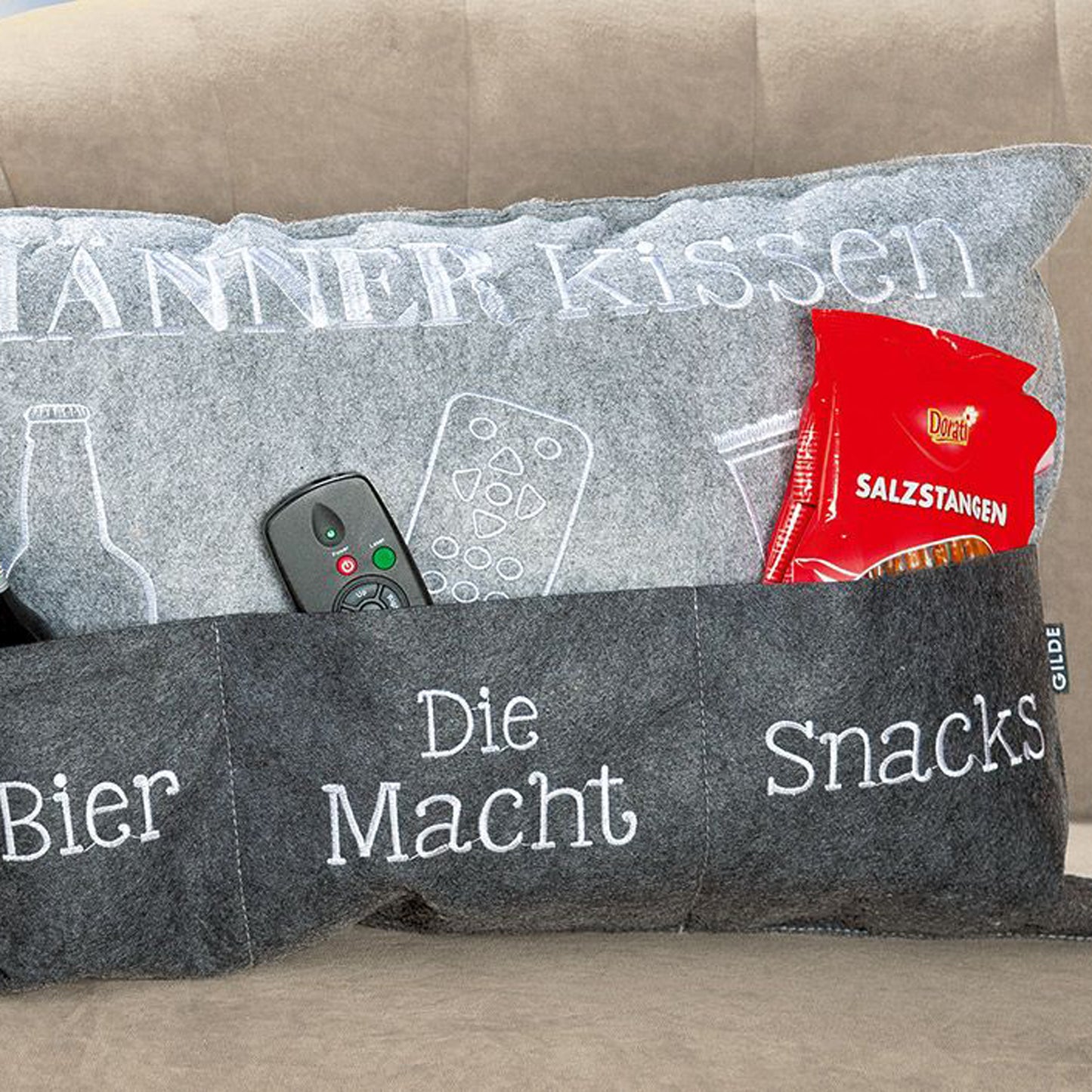 Männerkissen aus Filz, Organizer mit Tasche für Fernbedienung, Bierflasche, Snacks 60 cm