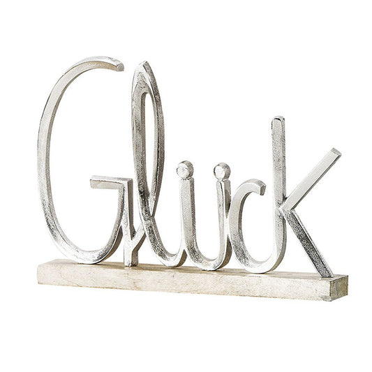Dekoobjek Schriftzug "GLÜCK" aus Alu und auf Holzständer - 29 x 41 cm 