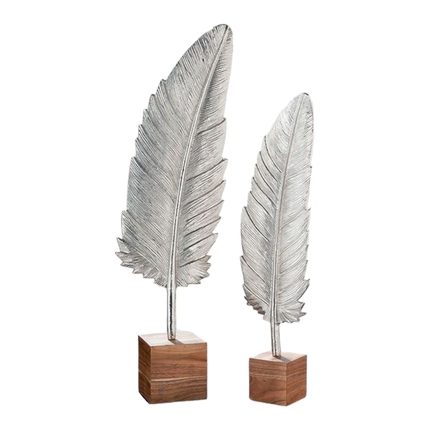 Aluminiumskulptur "Feder" silber auf Holzsockel 65,5 cm