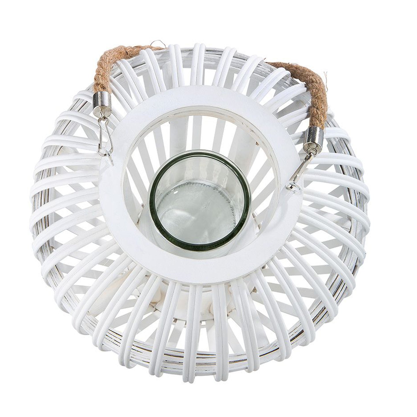 Laterne | Windlicht aus Weide, weiß, klein und bauchig, als Hänge-, oder Stelldeko - 26 cm