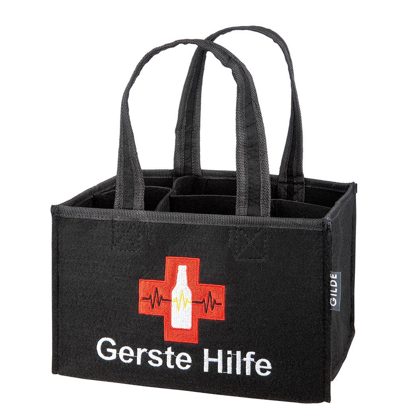 Flaschentasche "Gerste Hilfe" - 6-Pack | Filz schwarz mit Stickerei 23x15x14 cm