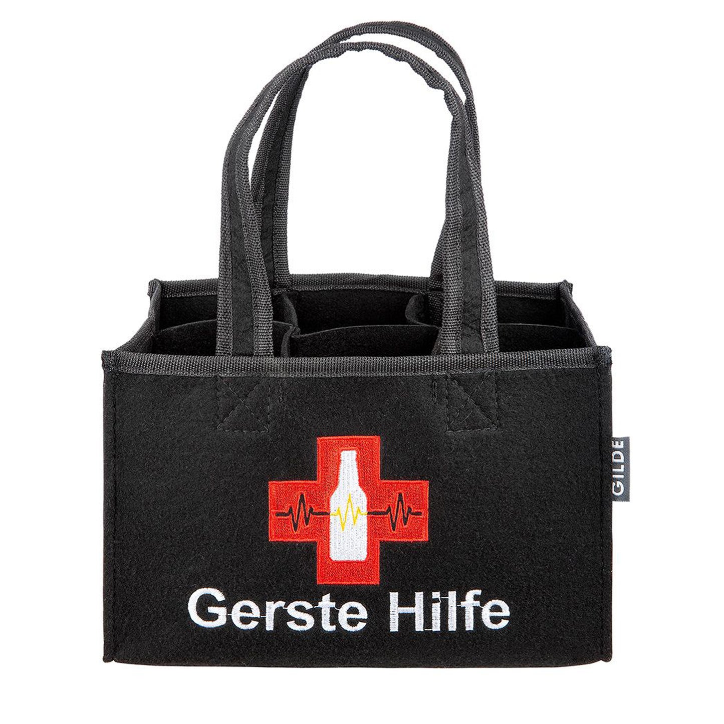 Flaschentasche "Gerste Hilfe" - 6-Pack | Filz schwarz mit Stickerei 23x15x14 cm