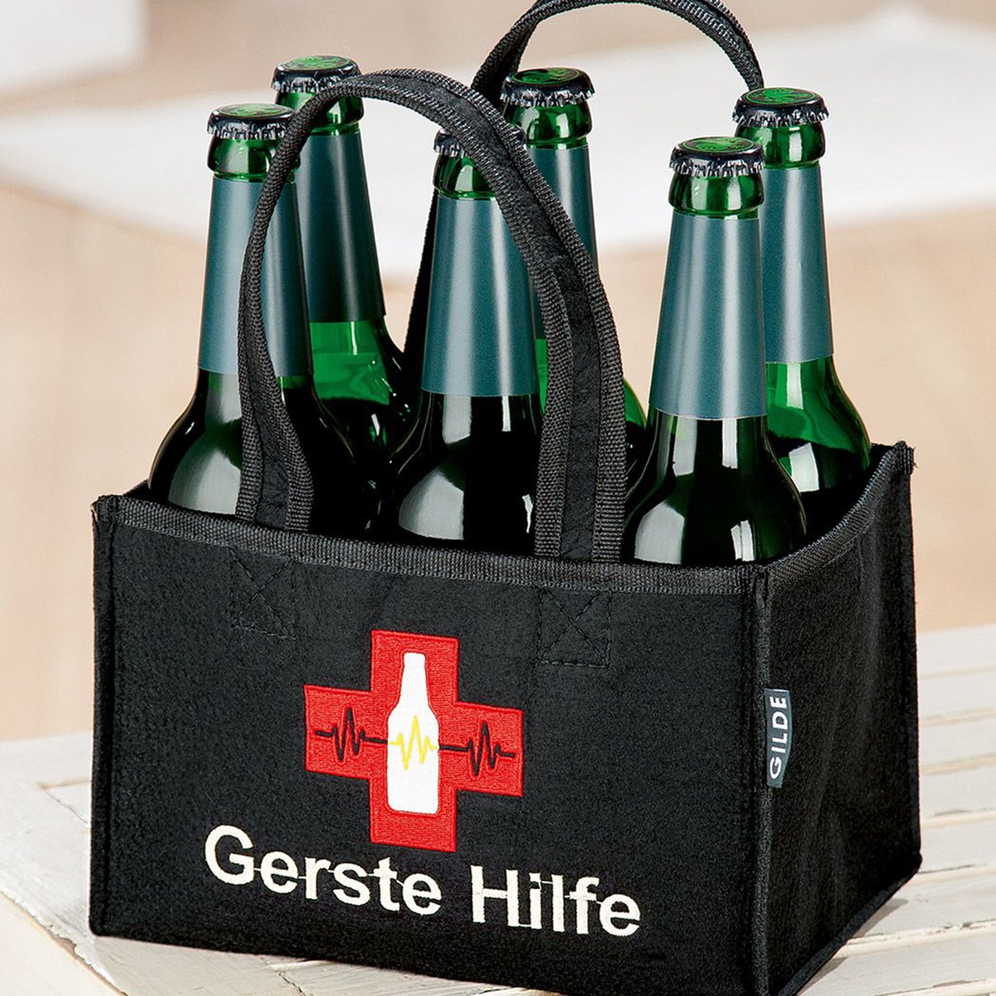 Flaschentasche "Gerste Hilfe" - 6-Pack | Filz schwarz mit Stickerei 23x15x14 cm