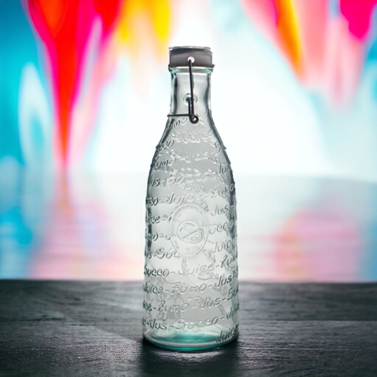 Glasflasche "Mediterraneo" Juice 1 l mit Bügelverschluss, schöner Aufschrift - 28 cm