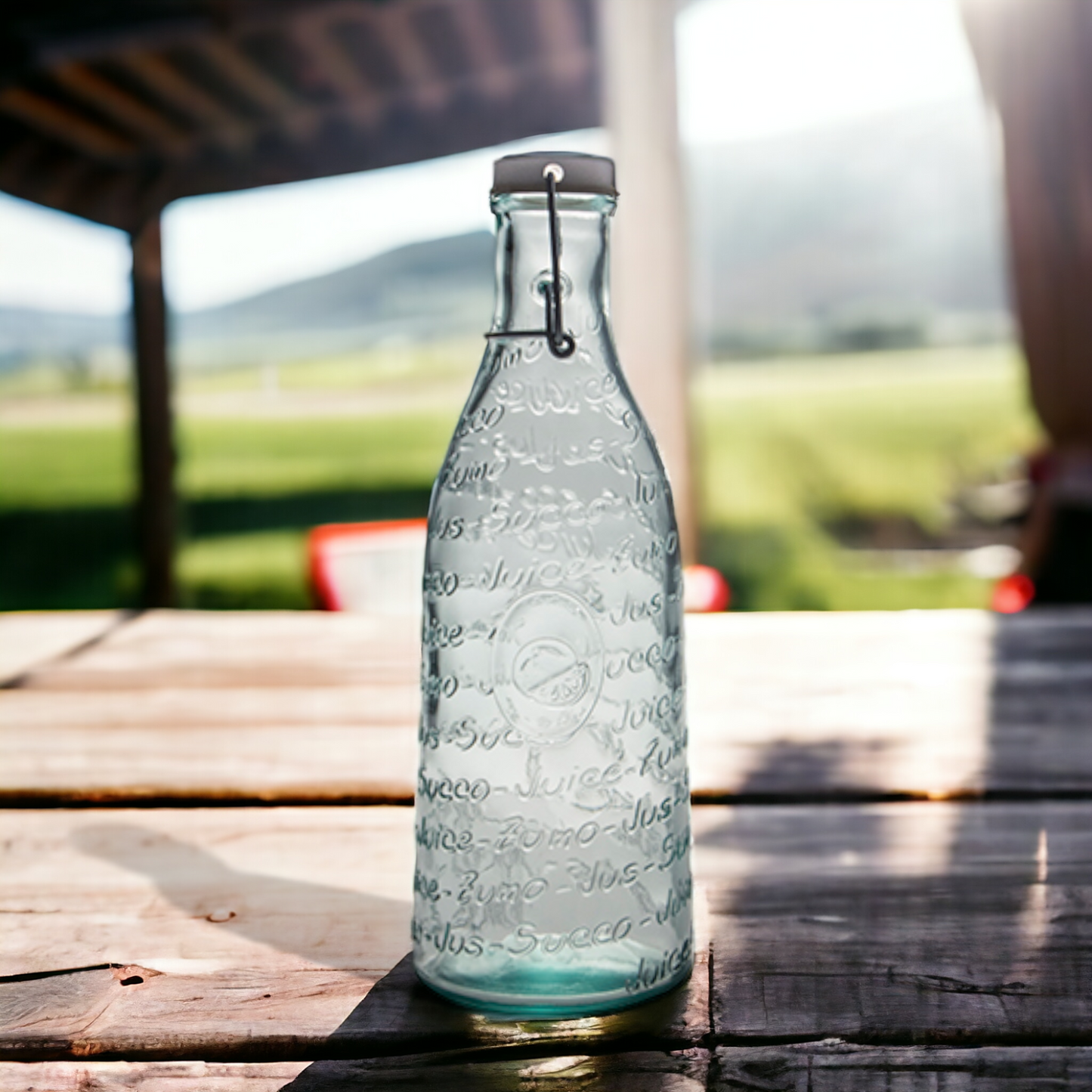Glasflasche "Mediterraneo" Juice 1 l mit Bügelverschluss, schöner Aufschrift - 28 cm