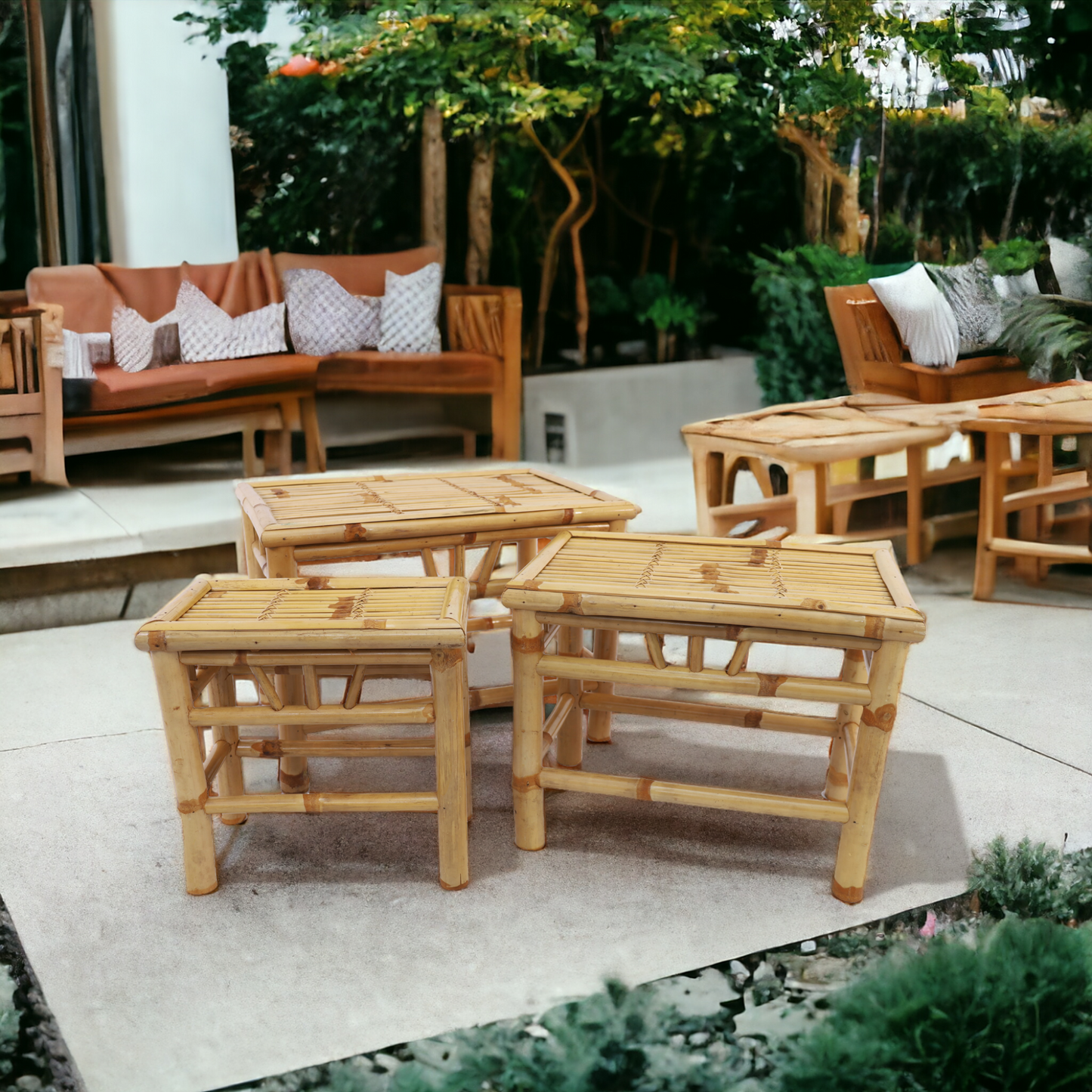 Bambus Podest | Tisch, Hocker rechteckig 3er - Set