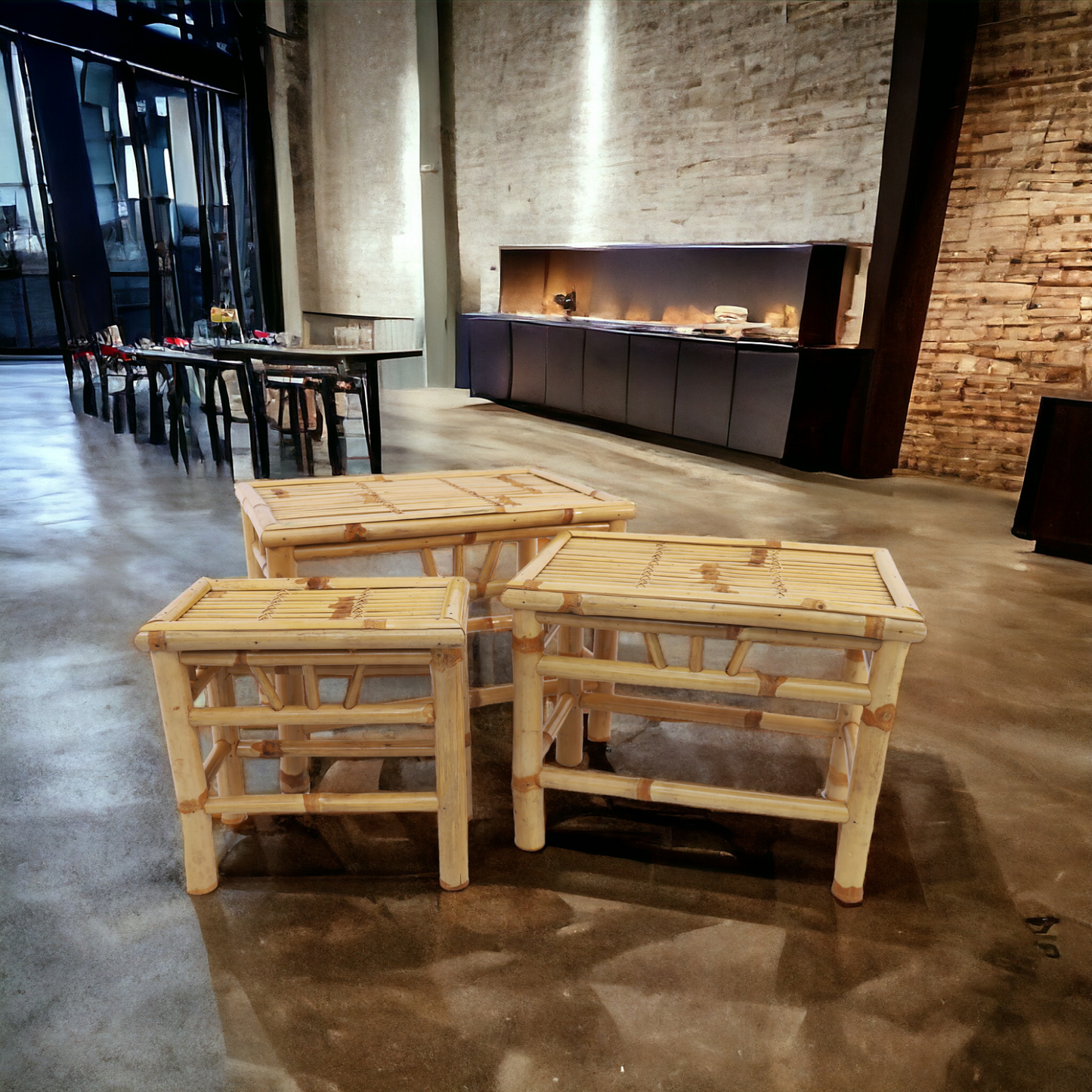 Bambus Podest | Tisch, Hocker rechteckig 3er - Set