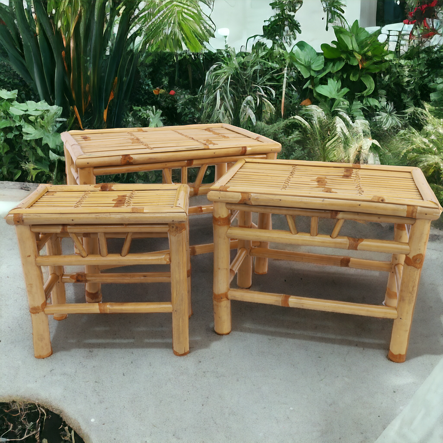 Bambus Podest | Tisch, Hocker rechteckig 3er - Set