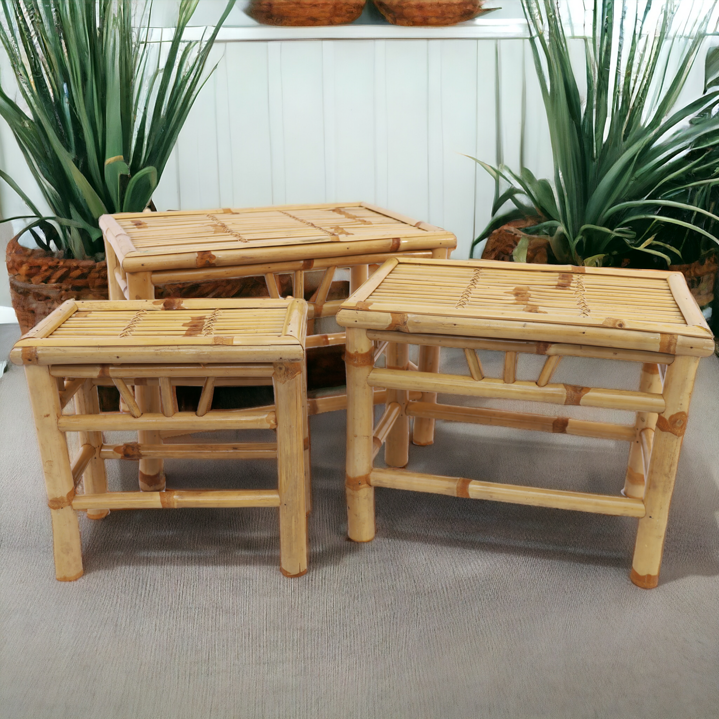Bambus Podest | Tisch, Hocker rechteckig 3er - Set