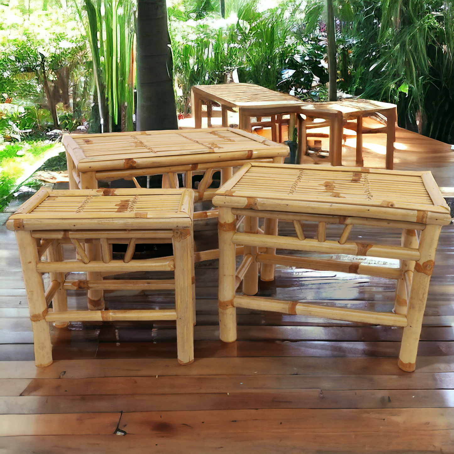 Bambus Podest | Tisch, Hocker rechteckig 3er - Set