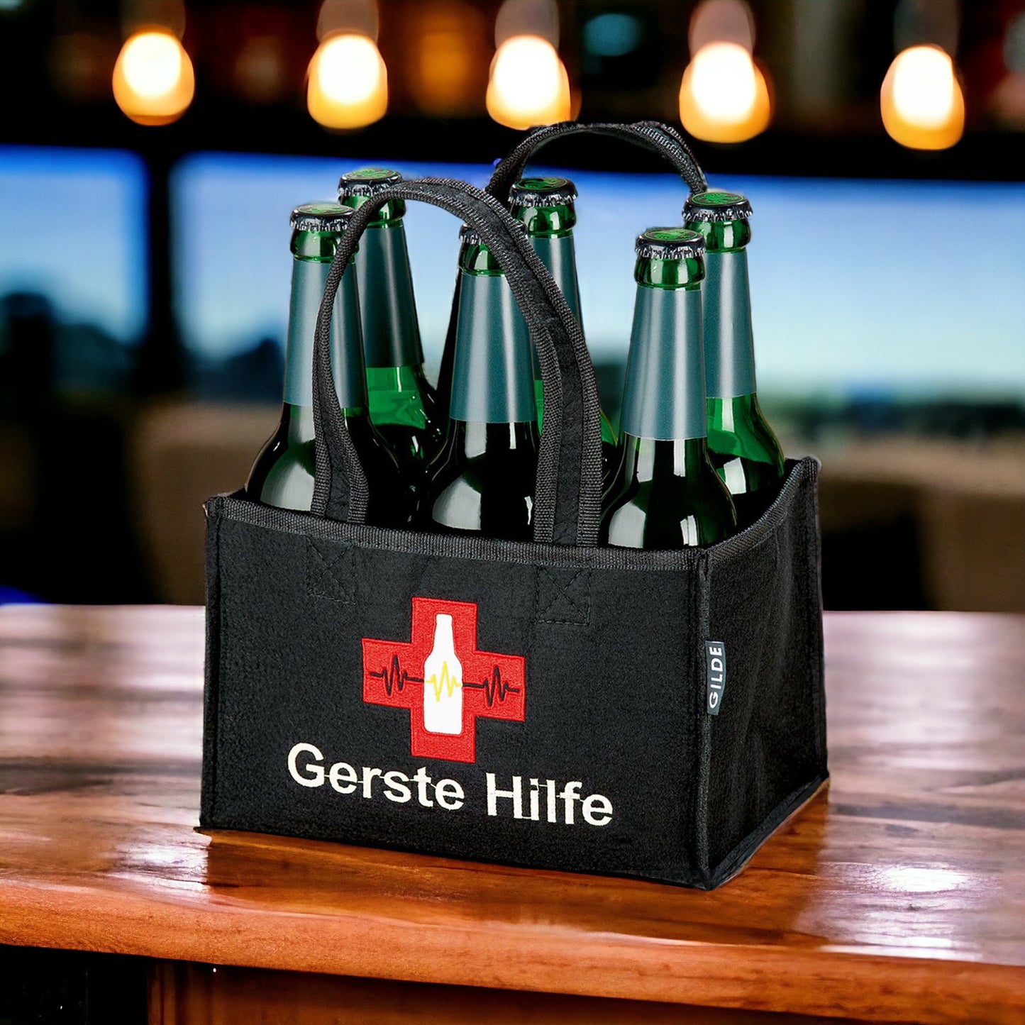 Flaschentasche "Gerste Hilfe" - 6-Pack | Filz schwarz mit Stickerei 23x15x14 cm