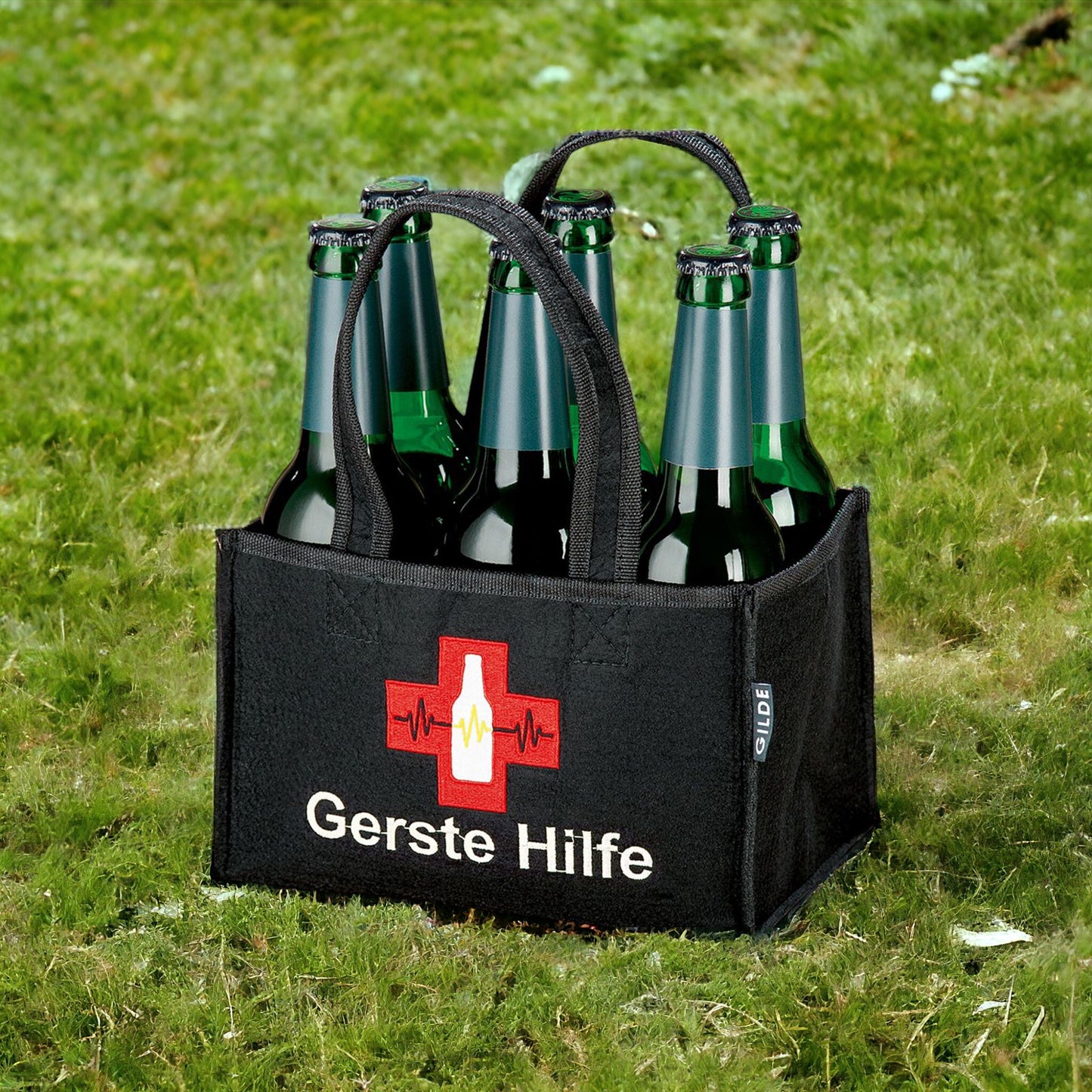 Flaschentasche "Gerste Hilfe" - 6-Pack | Filz schwarz mit Stickerei 23x15x14 cm