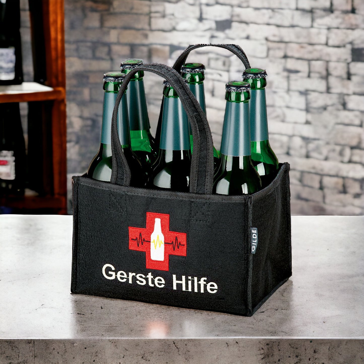 Flaschentasche "Gerste Hilfe" - 6-Pack | Filz schwarz mit Stickerei 23x15x14 cm