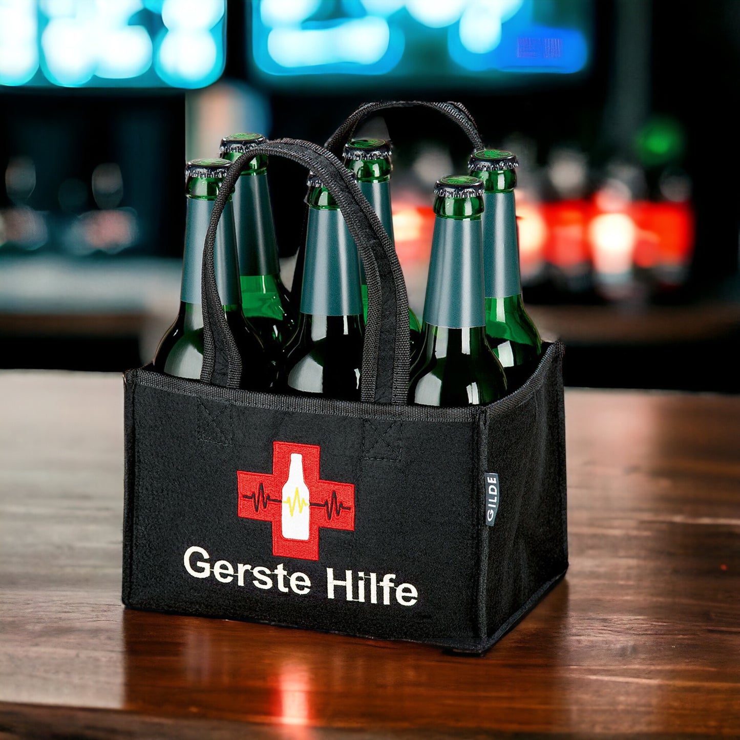 Flaschentasche "Gerste Hilfe" - 6-Pack | Filz schwarz mit Stickerei 23x15x14 cm