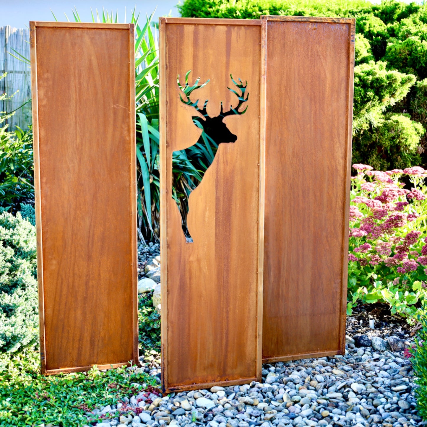 Sichtschutzwand | Tafel "Hirsch" (1-tlg.), Metall Edelrost, 140 x 40 cm inkl. Erdspieß