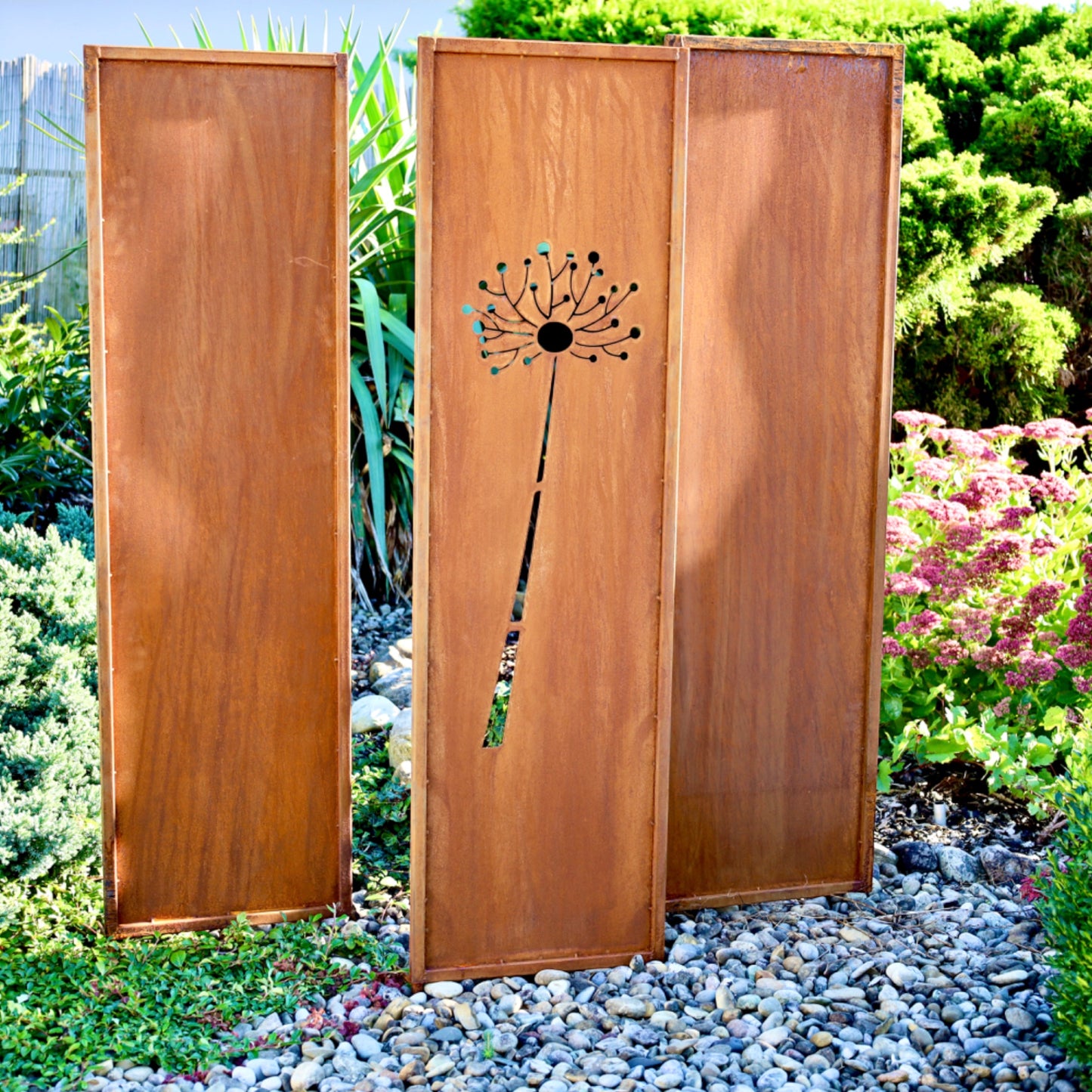 Sichtschutzwand | Tafel "Pusteblume" (1-tlg.), Metall Edelrost, 140 x 40 cm inkl. Erdspieß