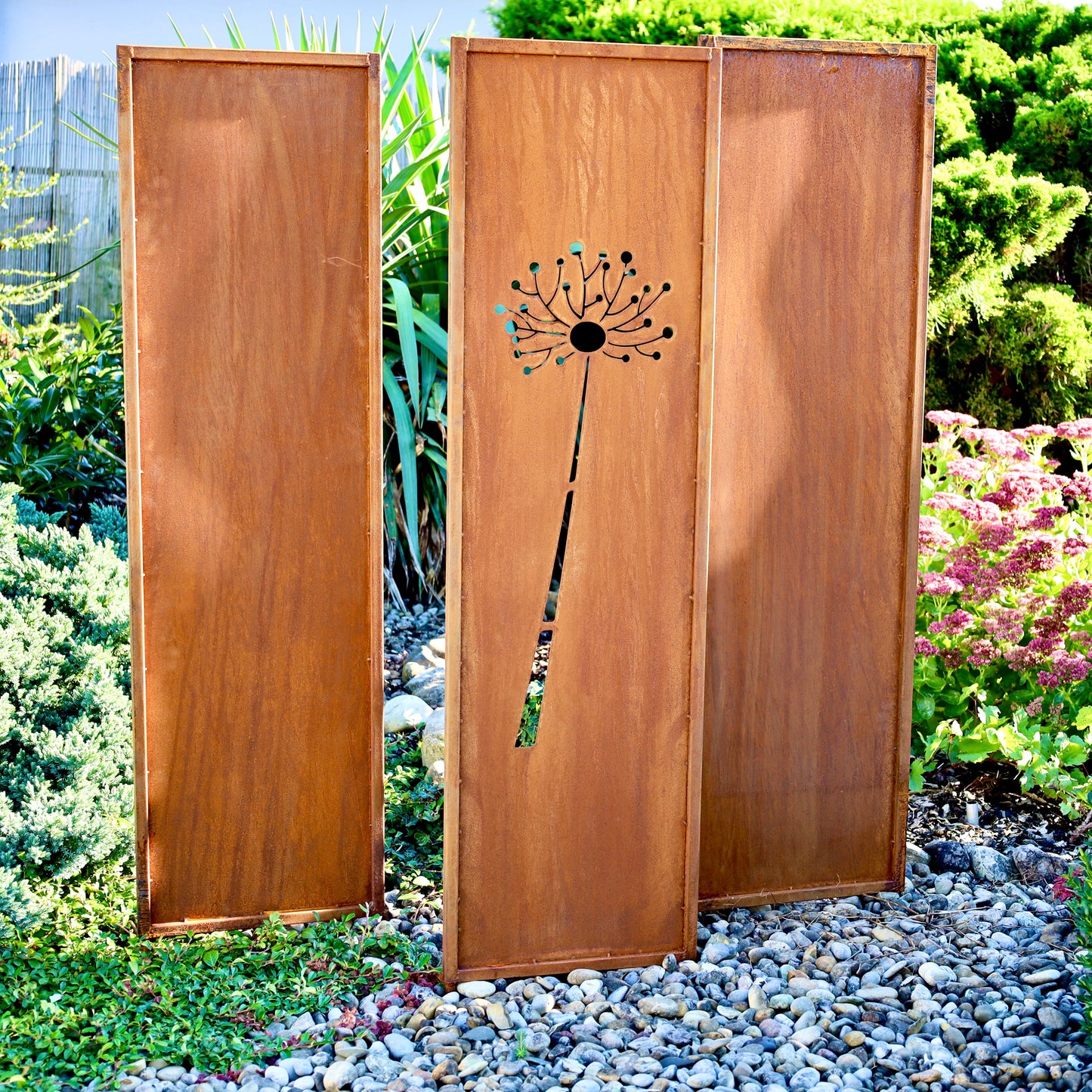 Sichtschutzwand "Pusteblume" Metall Edelrost 3-teilig 140 x 40 cm mit Erdspieß