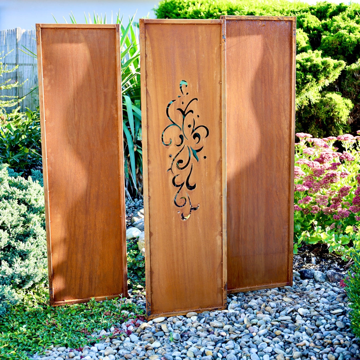 Sichtschutzwand | Tafel "Ornament" (1-tlg.) aus Metall Edelrost 140 x 40 cm mit Erdspieß
