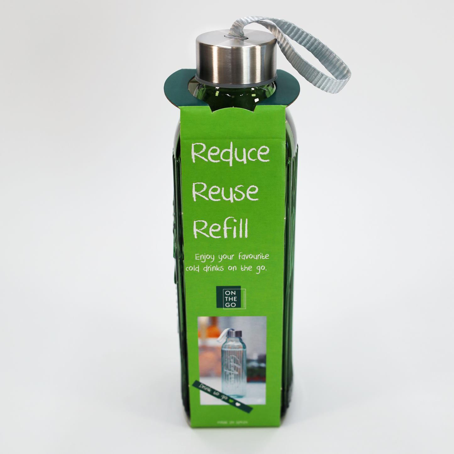 Glasflasche "To Go" klar mit Deckel und Halteschlaufe - 640 ml