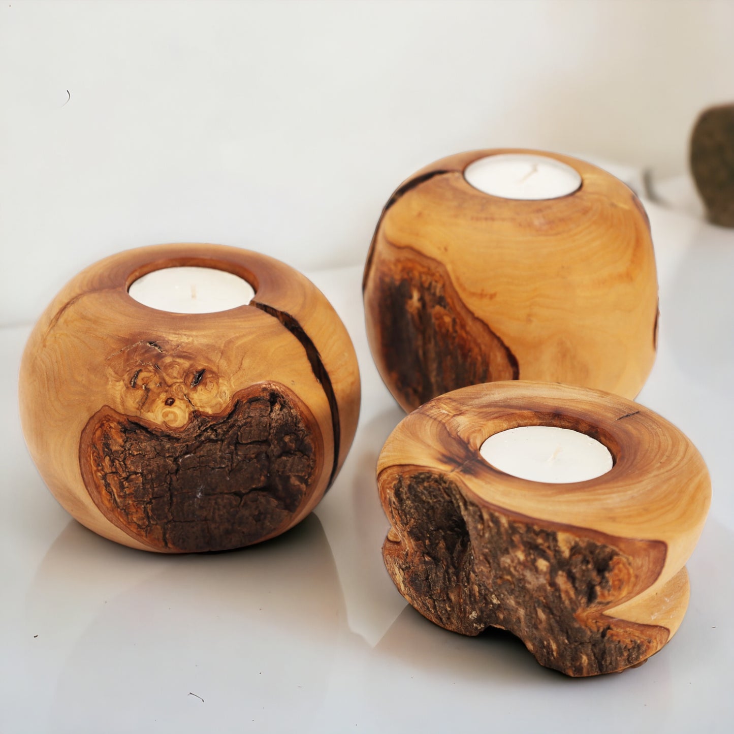 Kerzenhalter-Set aus Olivenholz 3 er Set 10x8 cm - Handgemacht - Unikat