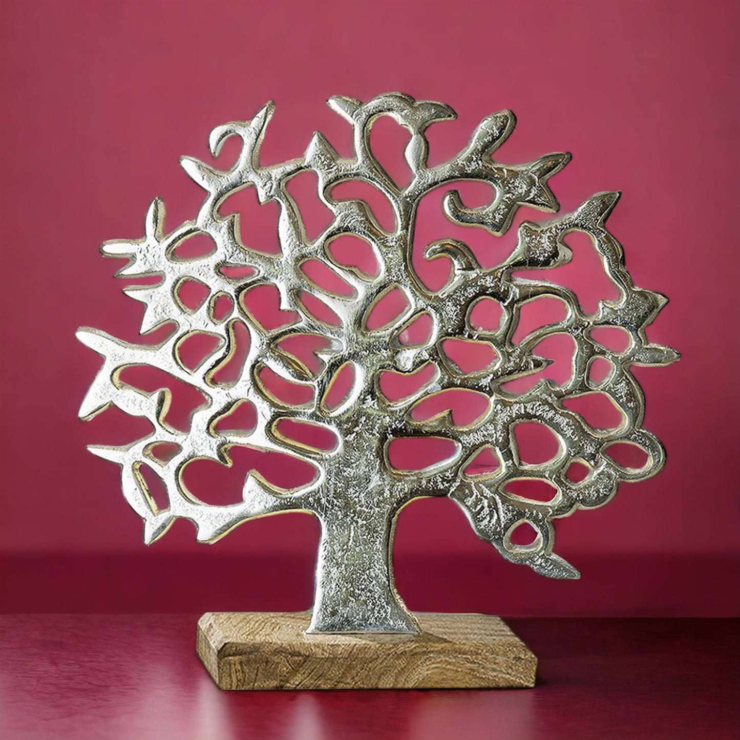 Lebensbaum aus Aluminium auf Holzständer 38 x 37 cm