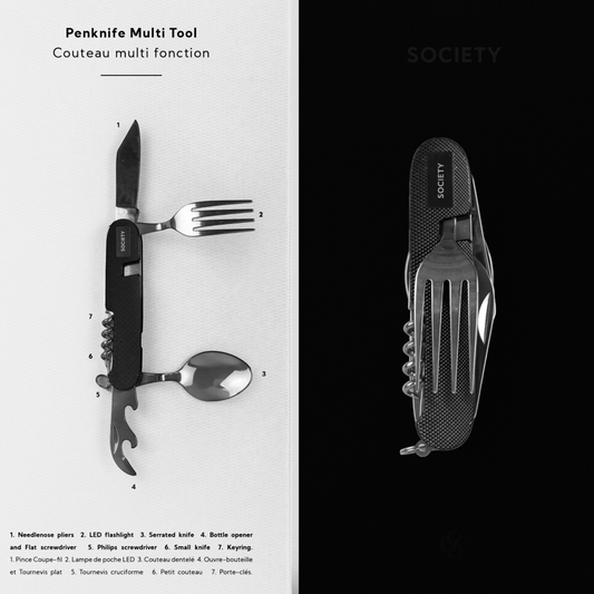 Multifunktionstool Penknife Messer, Gabel, Löffel, Taschenlampe 