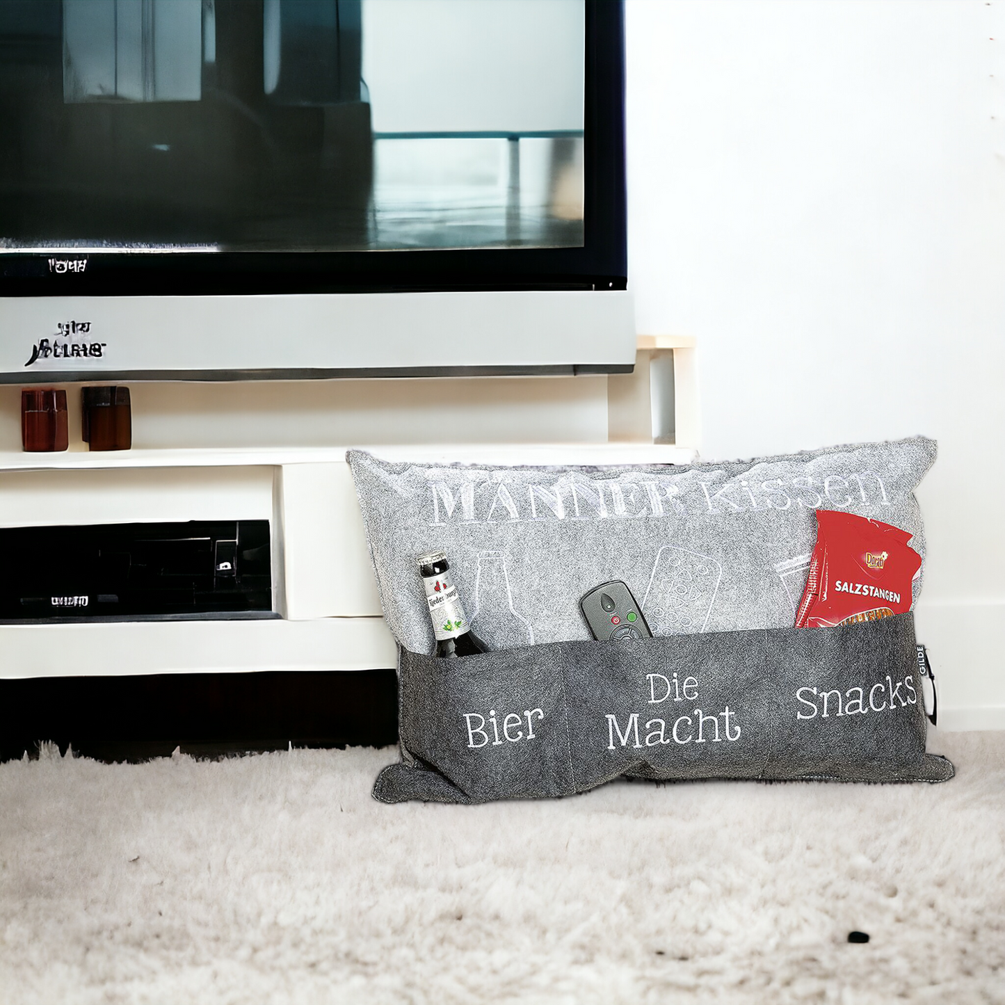Männerkissen aus Filz, Organizer mit Tasche für Fernbedienung, Bierflasche, Snacks 60 cm
