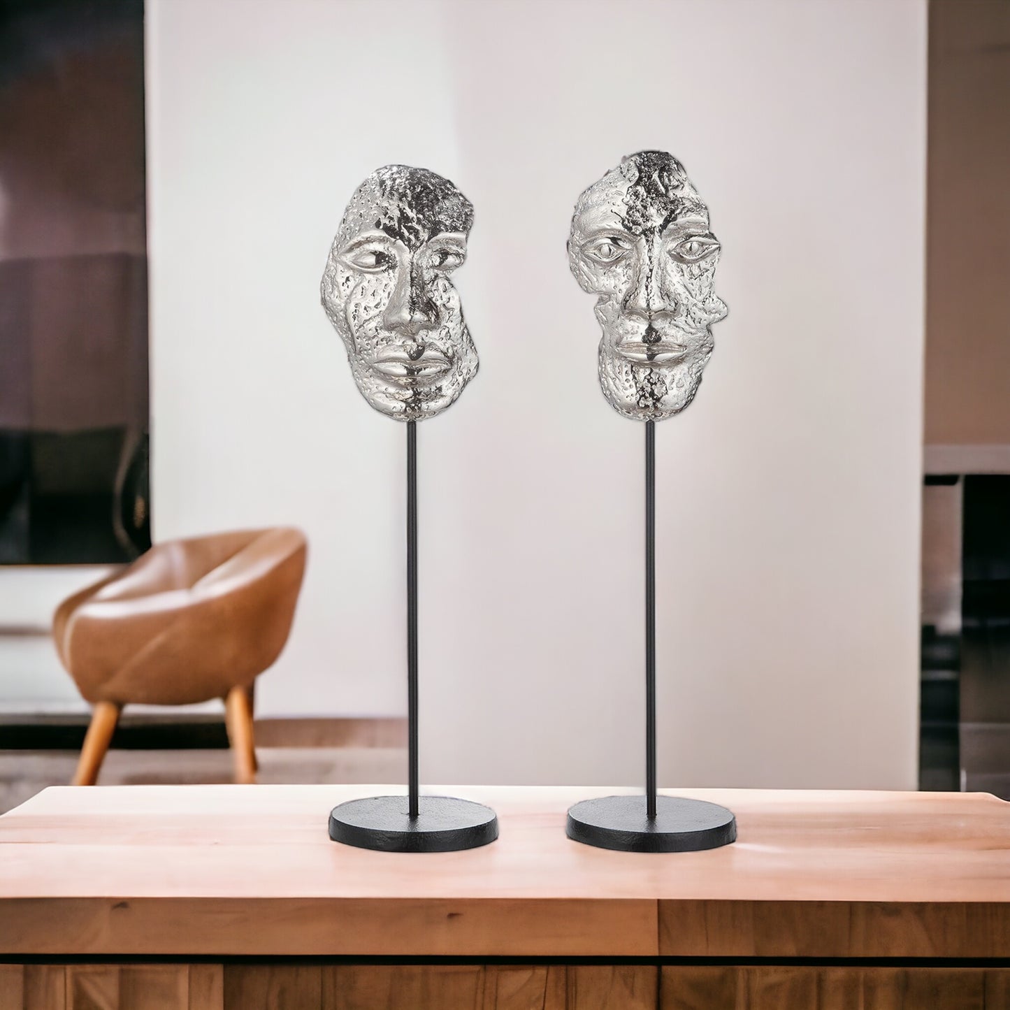 Skulptur "Masken" aus Alu 2er Set - silber- moderne Dekoration 11 x 43,5 cm