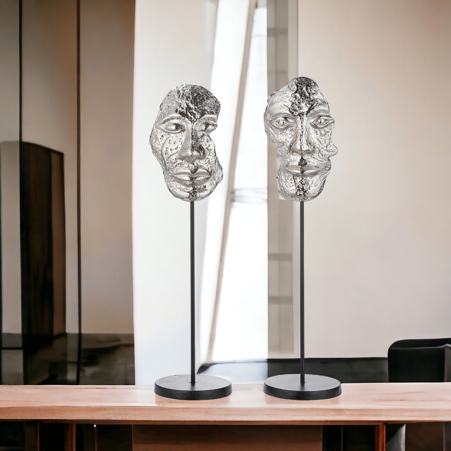 Skulptur "Masken" aus Alu 2er Set - silber- moderne Dekoration 11 x 43,5 cm