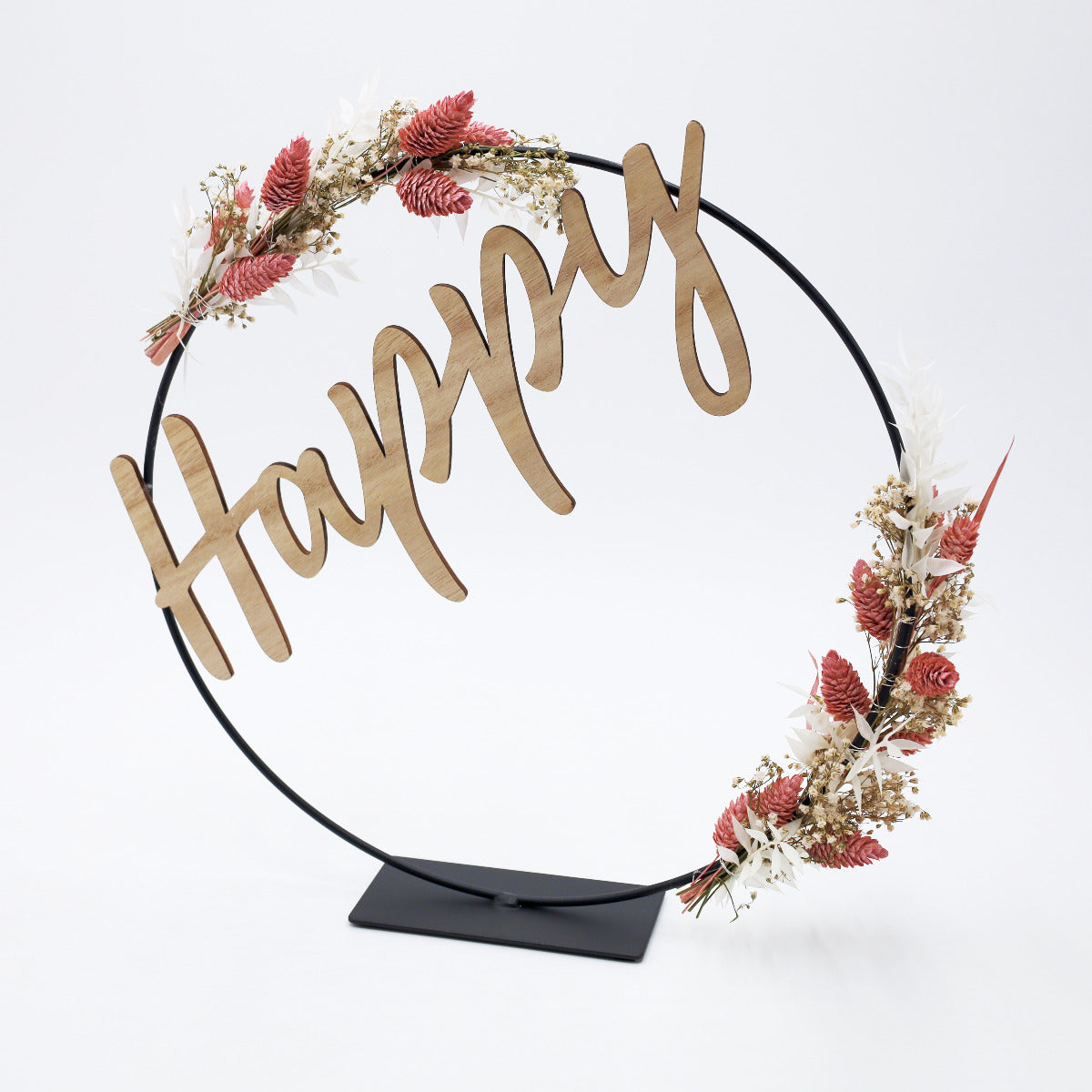Loop "Lainy" Metallring - Trockenblumen mit Holzschriftzug "HAPPY" 30 cm