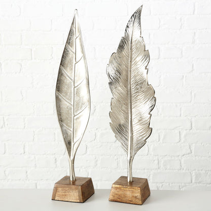 Deko "Blatt" Set 2-tlg. - moderne Skulptur | Stelldekoration aus Aluminium und Holz - 67 cm