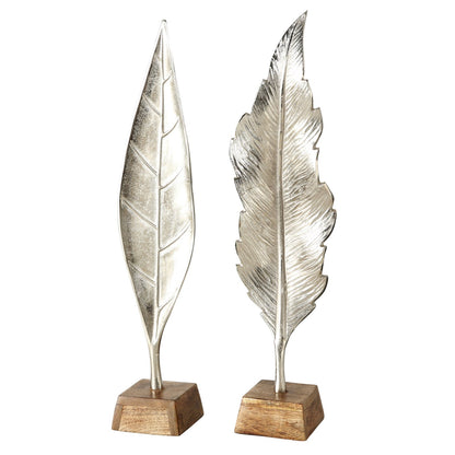 Deko "Blatt" Set 2-tlg. - moderne Skulptur | Stelldekoration aus Aluminium und Holz - 67 cm