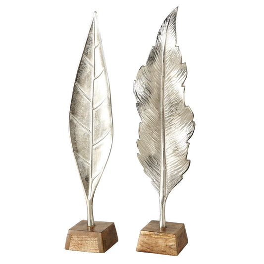Deko "Blatt" Set 2-tlg. - moderne Skulptur | Stelldekoration aus Aluminium und Holz - 67 cm