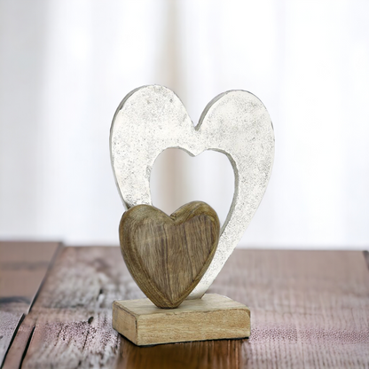 Holz "Doppelherz" aus gebürstetem Alu und Mangoholz, 23 cm