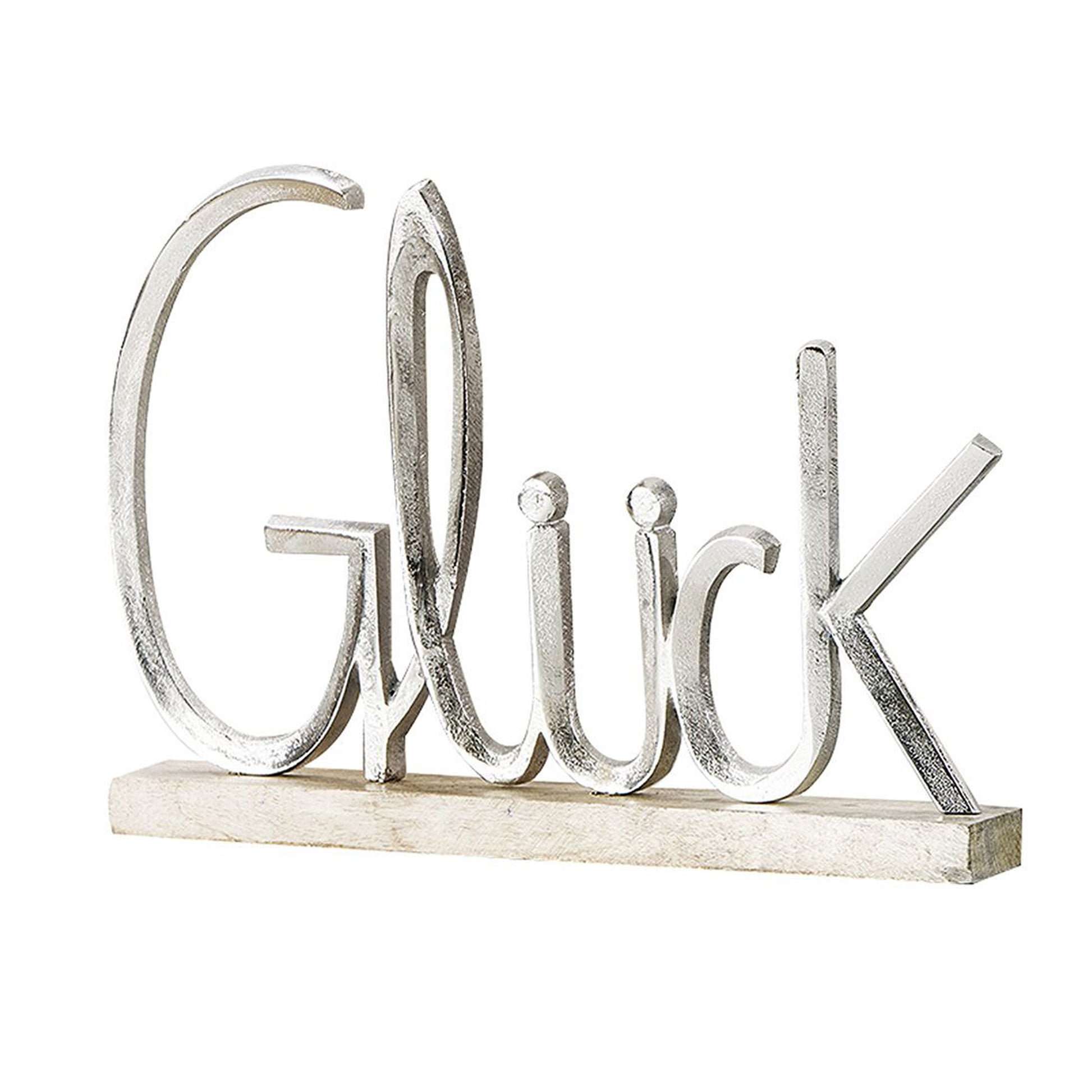 Dekoobjek Schriftzug "GLÜCK" aus Alu und auf Holzständer - 29 x 41 cm 