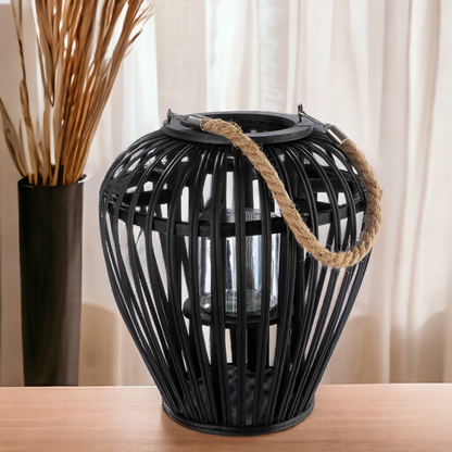 Laterne | Windlicht aus Weide - zum hängen oder stellen - bauchig, schwarz - 26 cm