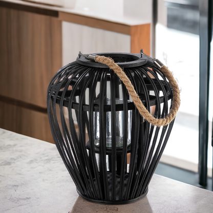 Laterne | Windlicht aus Weide - zum hängen oder stellen - bauchig, schwarz - 26 cm