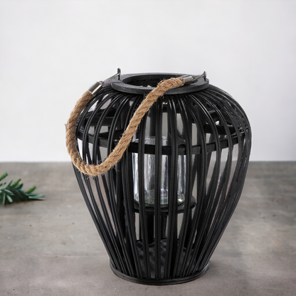 Laterne | Windlicht aus Weide - zum hängen oder stellen - bauchig, schwarz - 26 cm