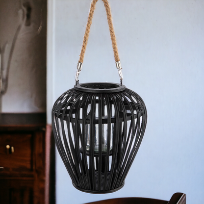 Laterne | Windlicht aus Weide - zum hängen oder stellen - bauchig, schwarz - 26 cm