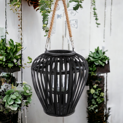 Laterne | Windlicht aus Weide - zum hängen oder stellen - bauchig, schwarz - 26 cm