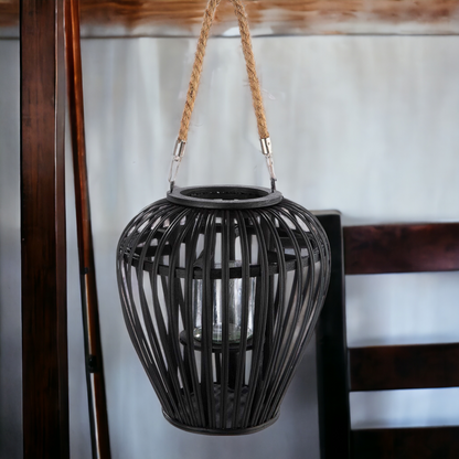 Laterne | Windlicht aus Weide - zum hängen oder stellen - bauchig, schwarz - 26 cm