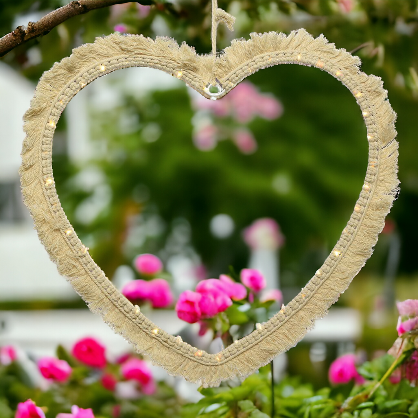 Deko Hängeherz mit 20-LEDs, Flokati geflochten Natur 35 cm