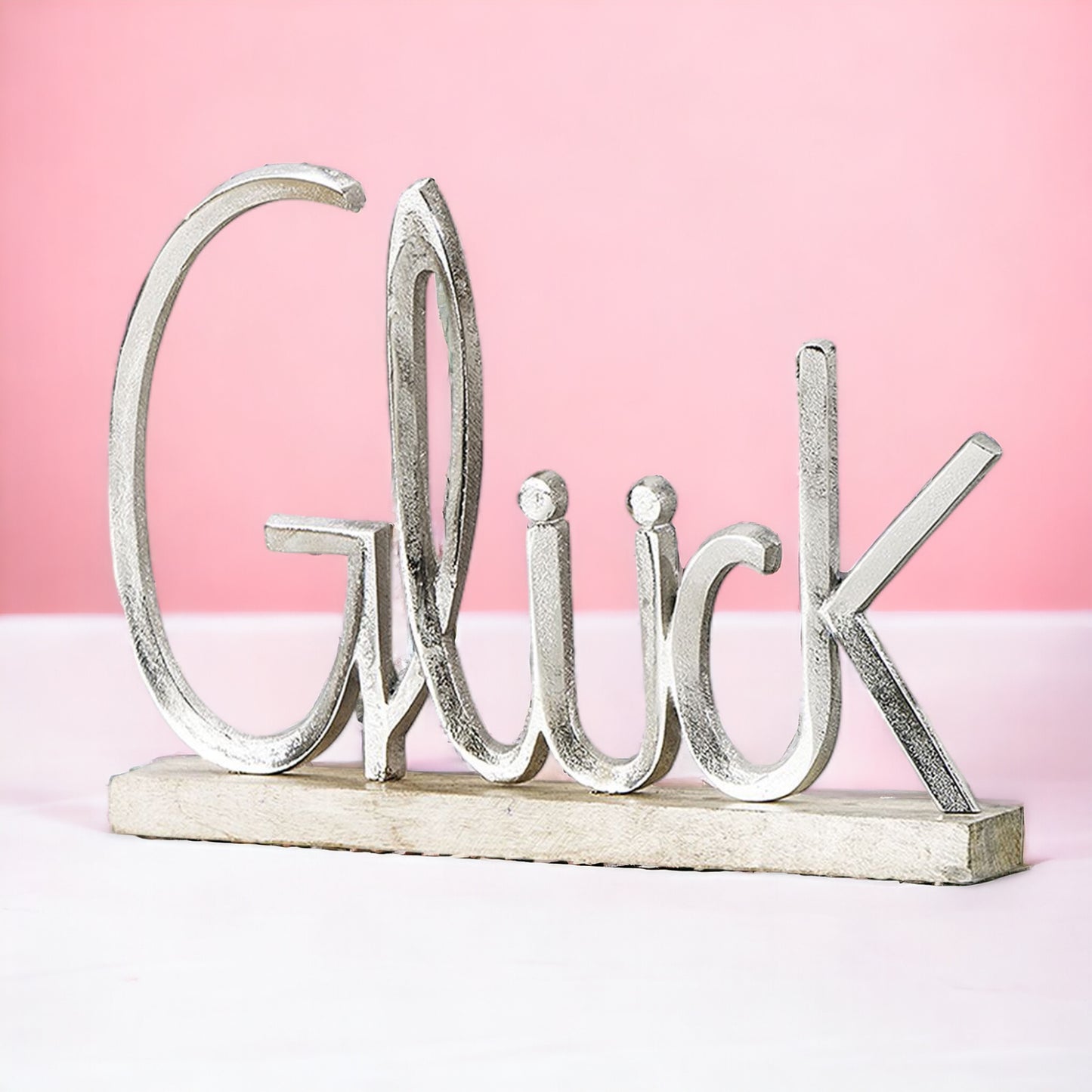 Dekoobjek Schrift "GLÜCK" aus Alu und auf Holzständer - 29 x 41 cm